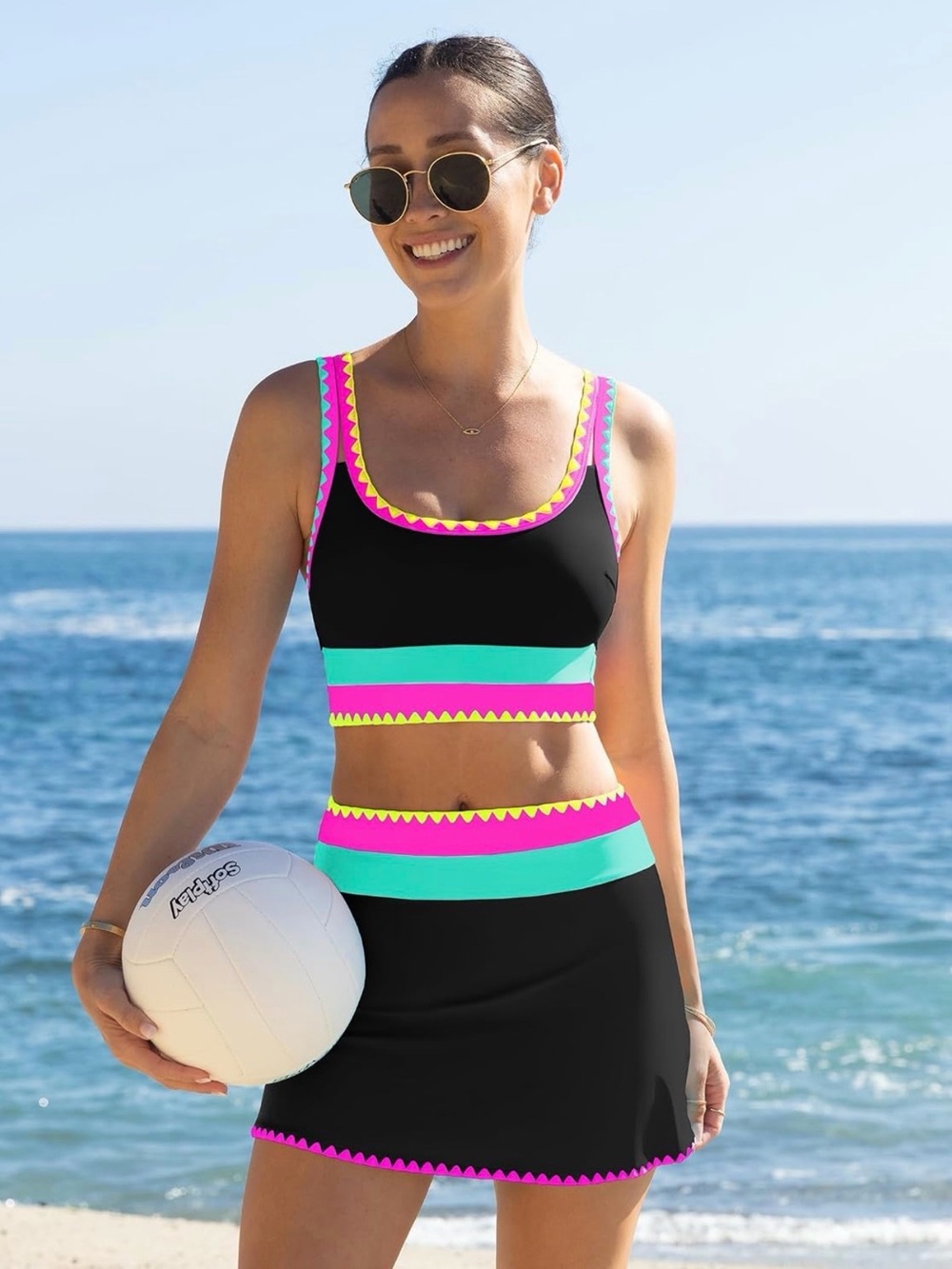 Black Colorblock Three-Piece Swim Set with Neon Pink & Teal Trim